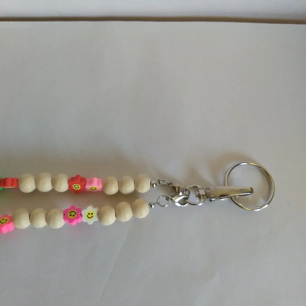 Wooden Bead Smiley Flower Lanyard Keychain Kidcore Fun Colorful Modern Utility